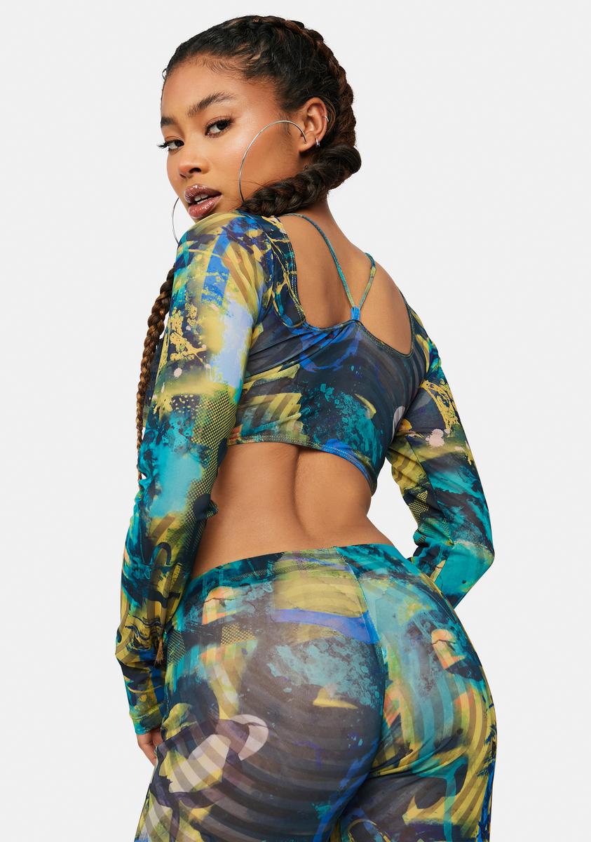 Abstract Burn Print Mesh Long Sleeve Crop Top