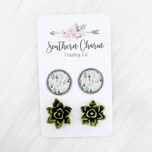 Cacti & Moss Green Succulent Duo Studs