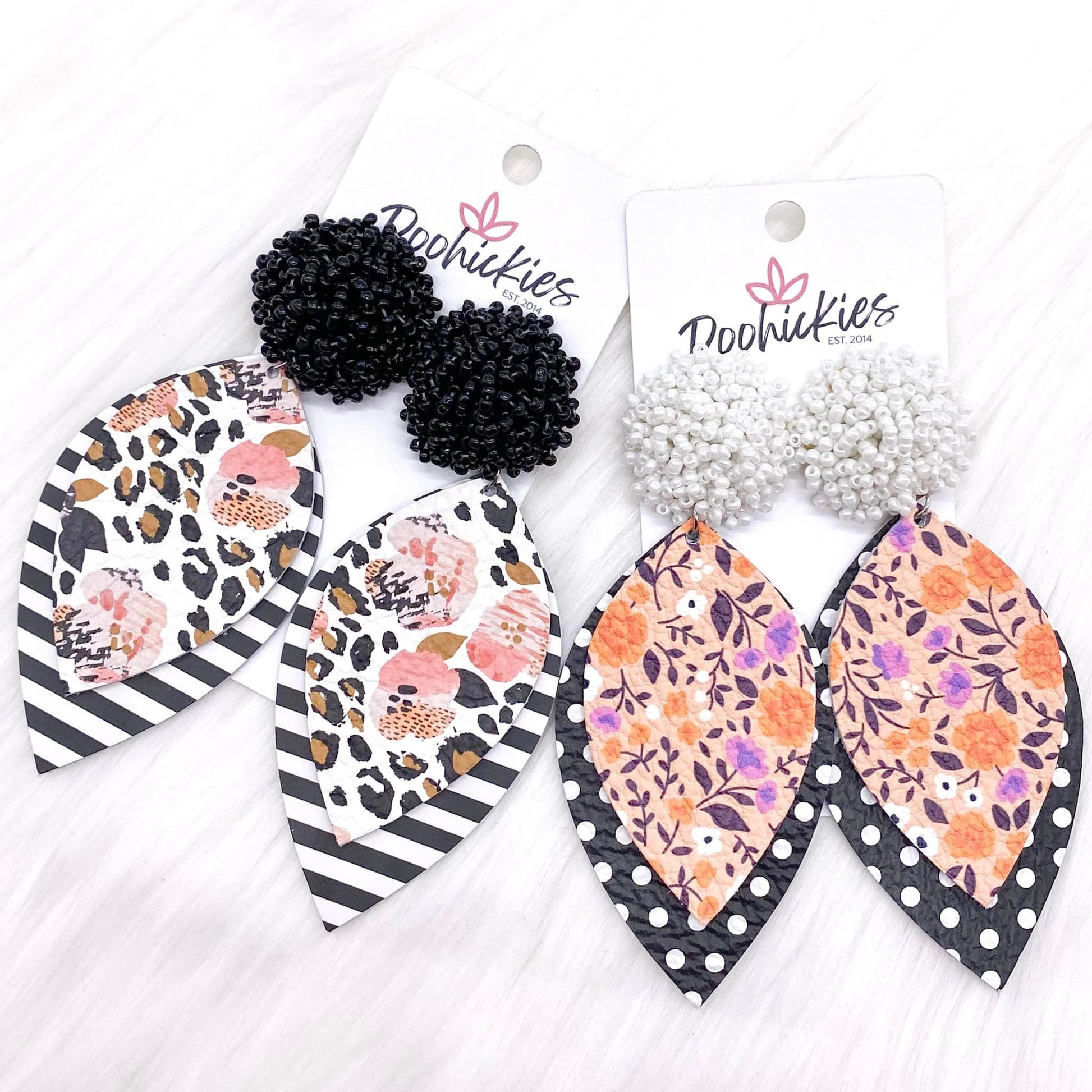 2.5" Layered Petals & Seed Pom Earrings - Ditsy Floral/Polka Dot