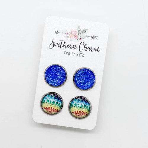 Blue Sparkles & Bright Starbursts Duo Stud Earrings