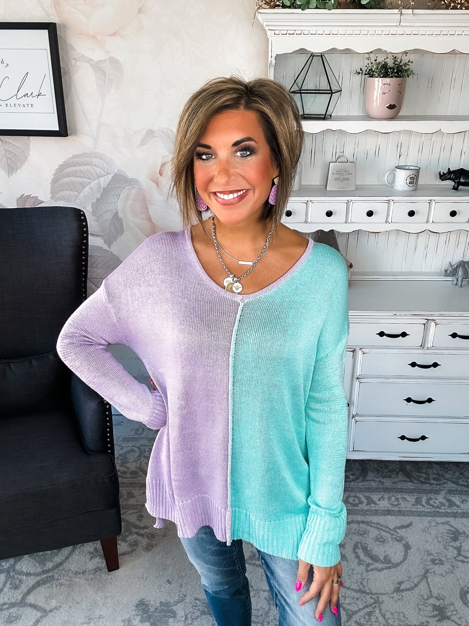 Don't Hide Now Colorblock Sweater - Lavender/Mint