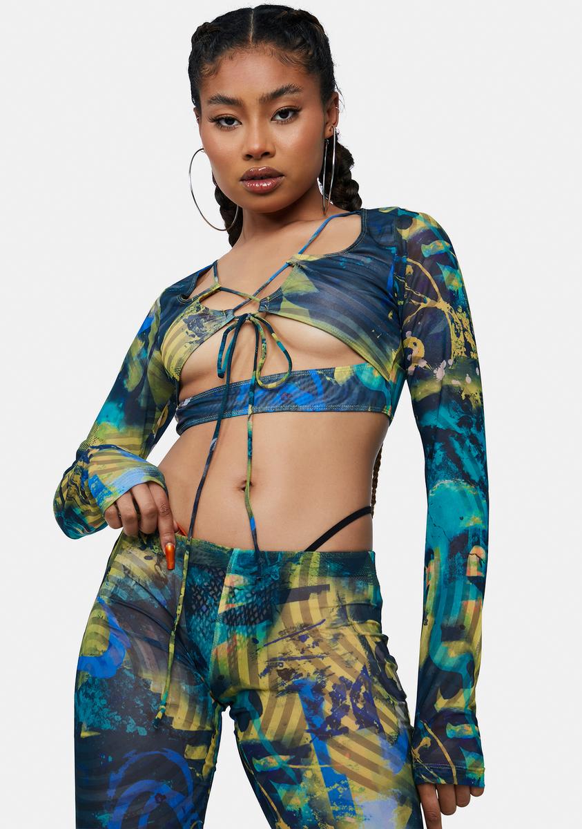 Abstract Burn Print Mesh Long Sleeve Crop Top