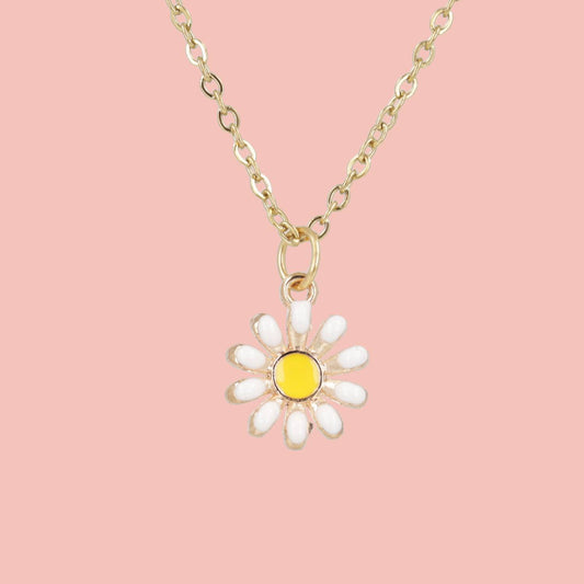 Enamel Daisy Pendant Necklace (Gold Plated)