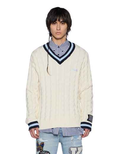 PRINCETON CABLE KNIT V NECK VINTAGE WHITE