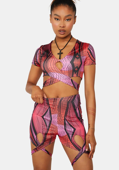 Abstract Printed Cut Out Cycle Shorts