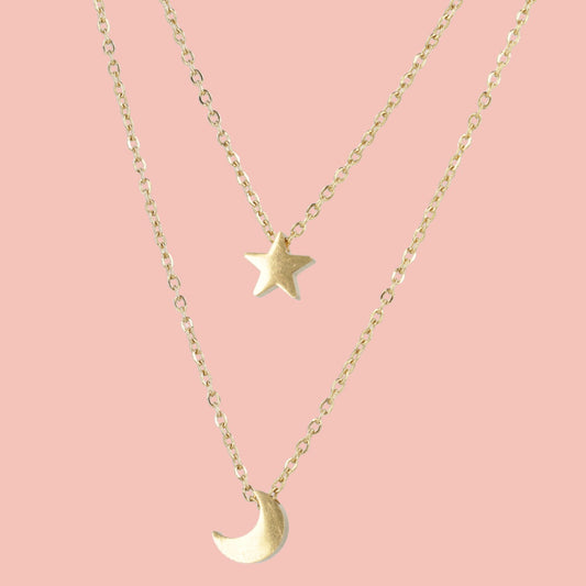 Double Chain Star & Moon Necklace (Gold Plated)