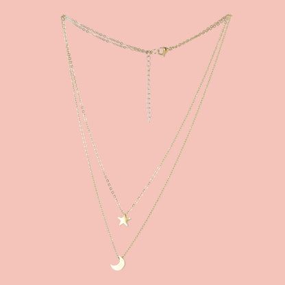 Double Chain Star & Moon Necklace (Gold Plated)