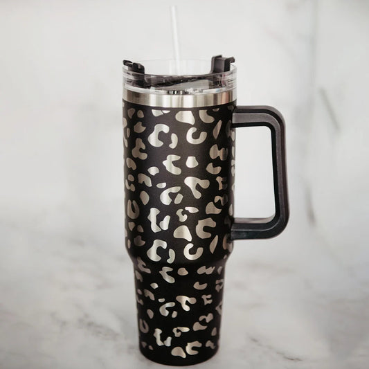 Black Metallic Leopard Tumbler Cup with Handle - 40oz