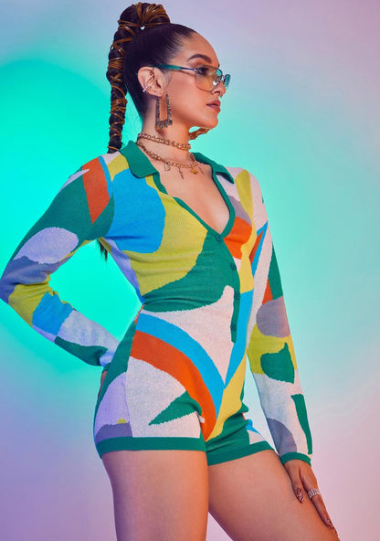 Abstract Art Print Long Sleeve Romper