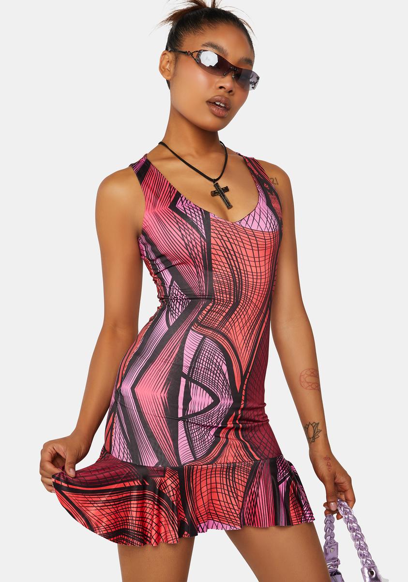 Abstract Printed Plunge Frill Hem Micro Mini Dress